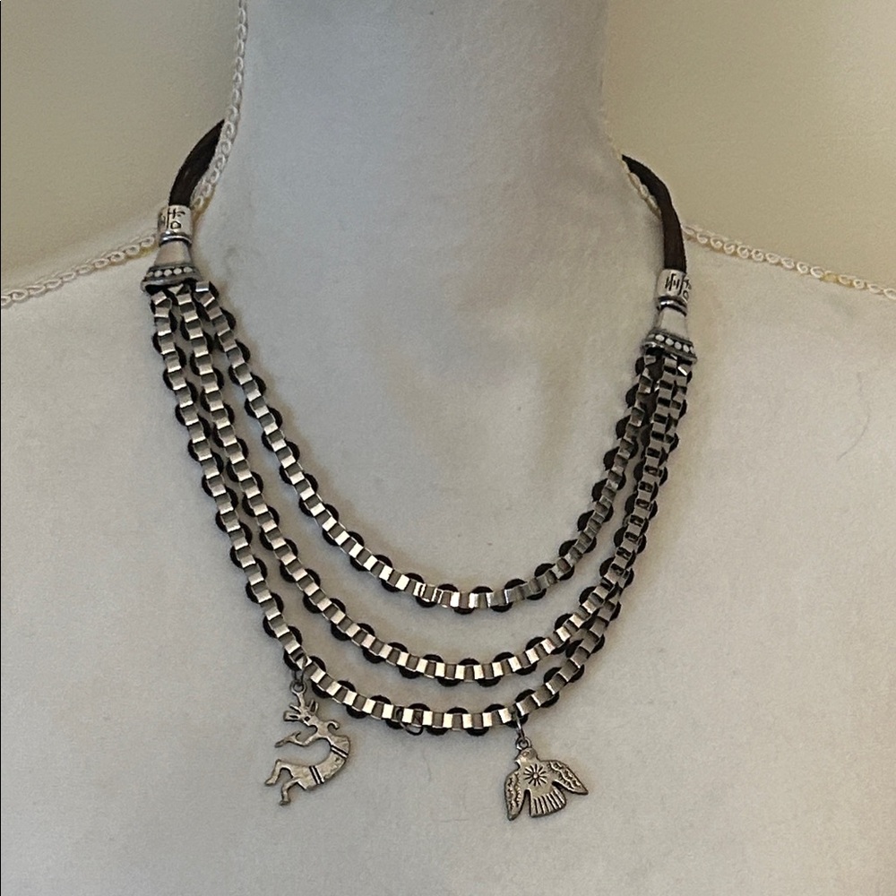 Triple Layer Silver Charm Necklace | Boho Tribal Box Chain Jewelry